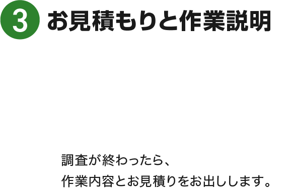 お見積もりと作業説明 調査が終わったら、作業内容とお見積りをお出しします。